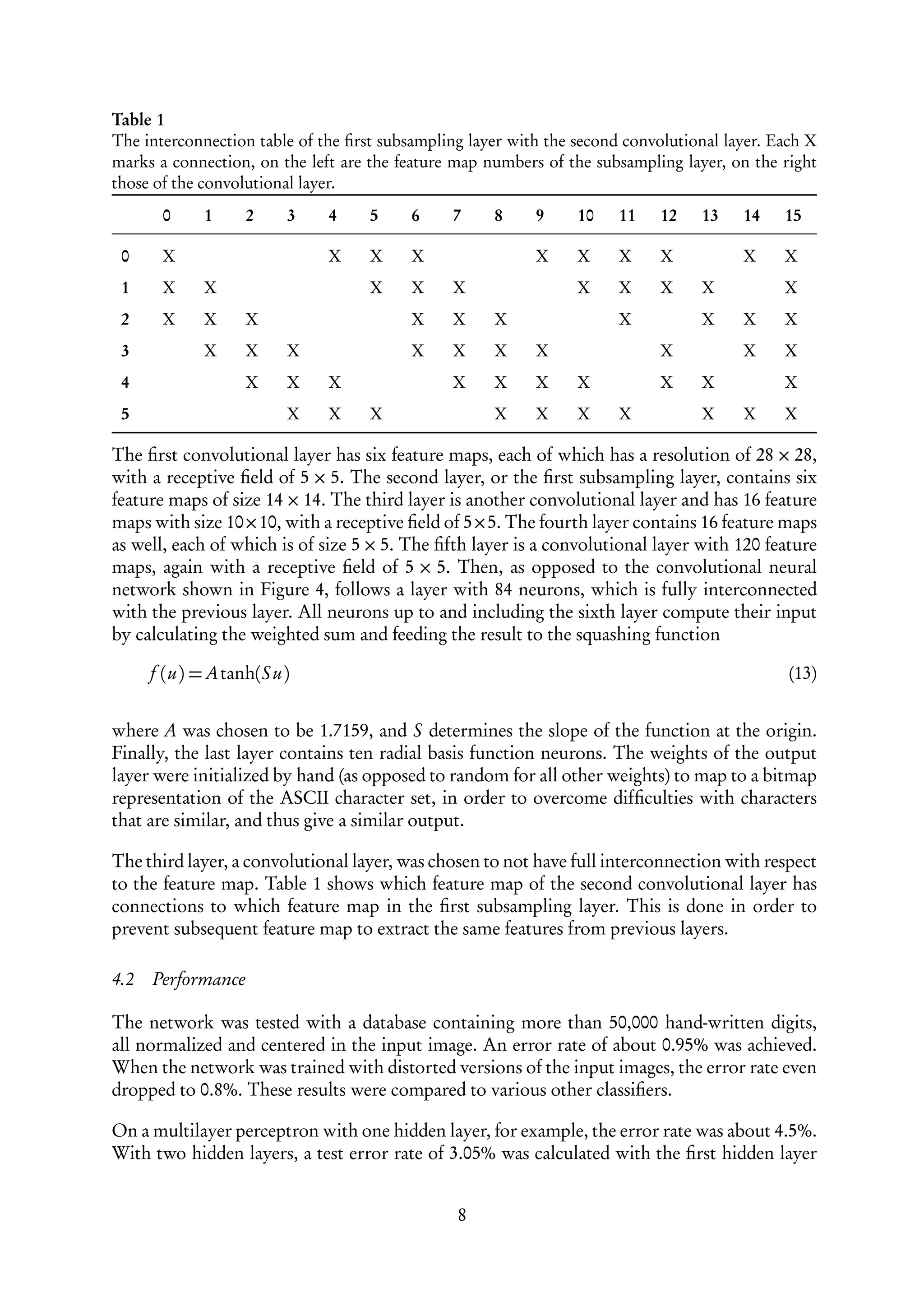 Table 1
The interconnection table of the ﬁrst subsampling layer with the second convolutional layer. Each X
marks a connection, on the left are the feature map numbers of the subsampling layer, on the right
those of the convolutional layer.
       0    1       2   3     4     5     6    7     8     9     10    11    12   13    14    15

 0     X                      X     X     X                X     X     X     X          X     X
 1     X    X                       X     X    X                 X     X     X    X           X
 2     X    X       X                     X    X     X                 X          X     X     X
 3          X       X   X                 X    X     X     X                 X          X     X
 4                  X   X     X                X     X     X     X           X    X           X
 5                      X     X     X                X     X     X     X          X     X     X

The ﬁrst convolutional layer has six feature maps, each of which has a resolution of 28 × 28,
with a receptive ﬁeld of 5 × 5. The second layer, or the ﬁrst subsampling layer, contains six
feature maps of size 14 × 14. The third layer is another convolutional layer and has 16 feature
maps with size 10×10, with a receptive ﬁeld of 5×5. The fourth layer contains 16 feature maps
as well, each of which is of size 5 × 5. The ﬁfth layer is a convolutional layer with 120 feature
maps, again with a receptive ﬁeld of 5 × 5. Then, as opposed to the convolutional neural
network shown in Figure 4, follows a layer with 84 neurons, which is fully interconnected
with the previous layer. All neurons up to and including the sixth layer compute their input
by calculating the weighted sum and feeding the result to the squashing function

      f (u) = Atanh(S u)                                                                      (13)


where A was chosen to be 1.7159, and S determines the slope of the function at the origin.
Finally, the last layer contains ten radial basis function neurons. The weights of the output
layer were initialized by hand (as opposed to random for all other weights) to map to a bitmap
representation of the ASCII character set, in order to overcome difﬁculties with characters
that are similar, and thus give a similar output.

The third layer, a convolutional layer, was chosen to not have full interconnection with respect
to the feature map. Table 1 shows which feature map of the second convolutional layer has
connections to which feature map in the ﬁrst subsampling layer. This is done in order to
prevent subsequent feature map to extract the same features from previous layers.

4.2   Performance

The network was tested with a database containing more than 50,000 hand-written digits,
all normalized and centered in the input image. An error rate of about 0.95% was achieved.
When the network was trained with distorted versions of the input images, the error rate even
dropped to 0.8%. These results were compared to various other classiﬁers.

On a multilayer perceptron with one hidden layer, for example, the error rate was about 4.5%.
With two hidden layers, a test error rate of 3.05% was calculated with the ﬁrst hidden layer


                                                8
 