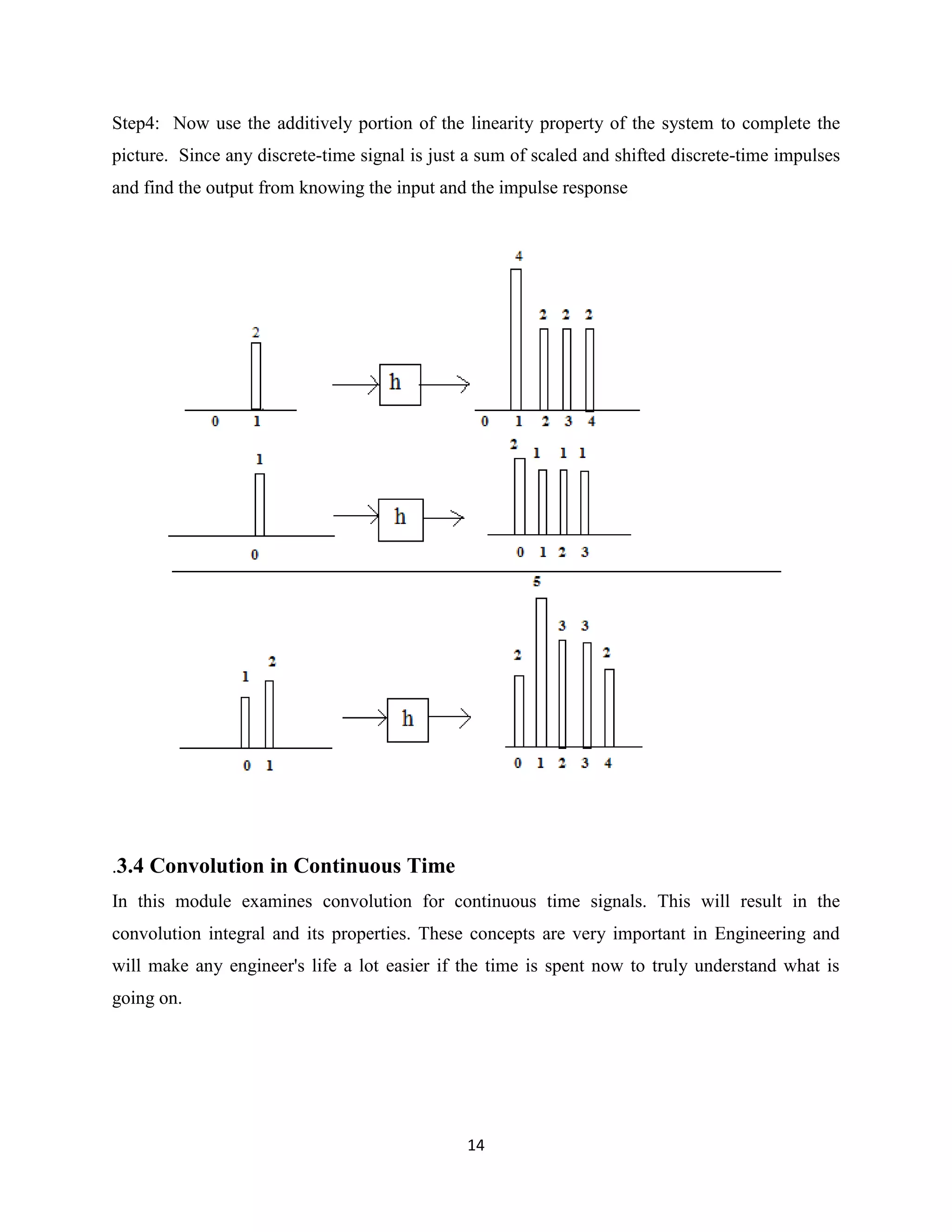 Step4: Now use the additively portion of the linearity property of the system to complete the
picture. Since any discrete-time signal is just a sum of scaled and shifted discrete-time impulses
and find the output from knowing the input and the impulse response




.3.4 Convolution in Continuous Time
In this module examines convolution for continuous time signals. This will result in the
convolution integral and its properties. These concepts are very important in Engineering and
will make any engineer's life a lot easier if the time is spent now to truly understand what is
going on.




                                               14
 