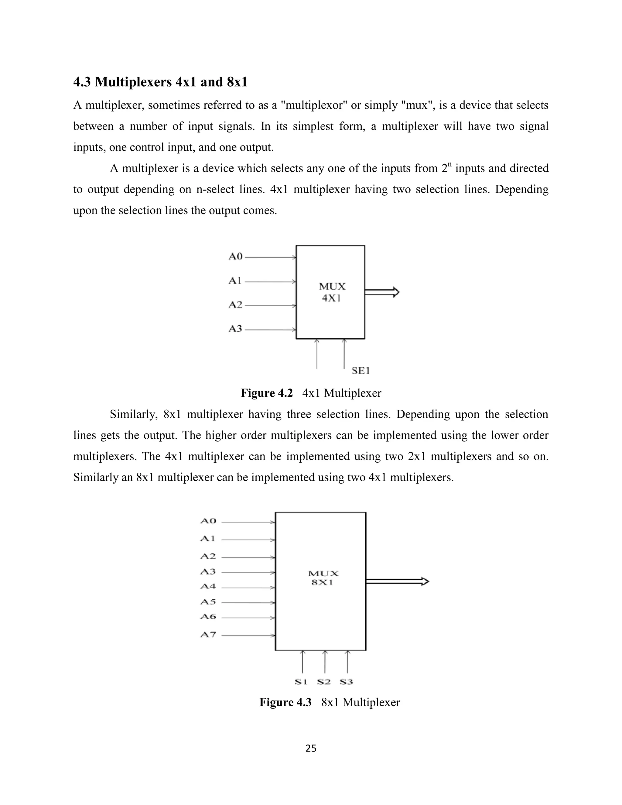 4.3 Multiplexers 4x1 and 8x1
A multiplexer, sometimes referred to as a "multiplexor" or simply "mux", is a device that selects
between a number of input signals. In its simplest form, a multiplexer will have two signal
inputs, one control input, and one output.
       A multiplexer is a device which selects any one of the inputs from 2n inputs and directed
to output depending on n-select lines. 4x1 multiplexer having two selection lines. Depending
upon the selection lines the output comes.




                                  Figure 4.2 4x1 Multiplexer
       Similarly, 8x1 multiplexer having three selection lines. Depending upon the selection
lines gets the output. The higher order multiplexers can be implemented using the lower order
multiplexers. The 4x1 multiplexer can be implemented using two 2x1 multiplexers and so on.
Similarly an 8x1 multiplexer can be implemented using two 4x1 multiplexers.




                                      Figure 4.3 8x1 Multiplexer


                                               25
 