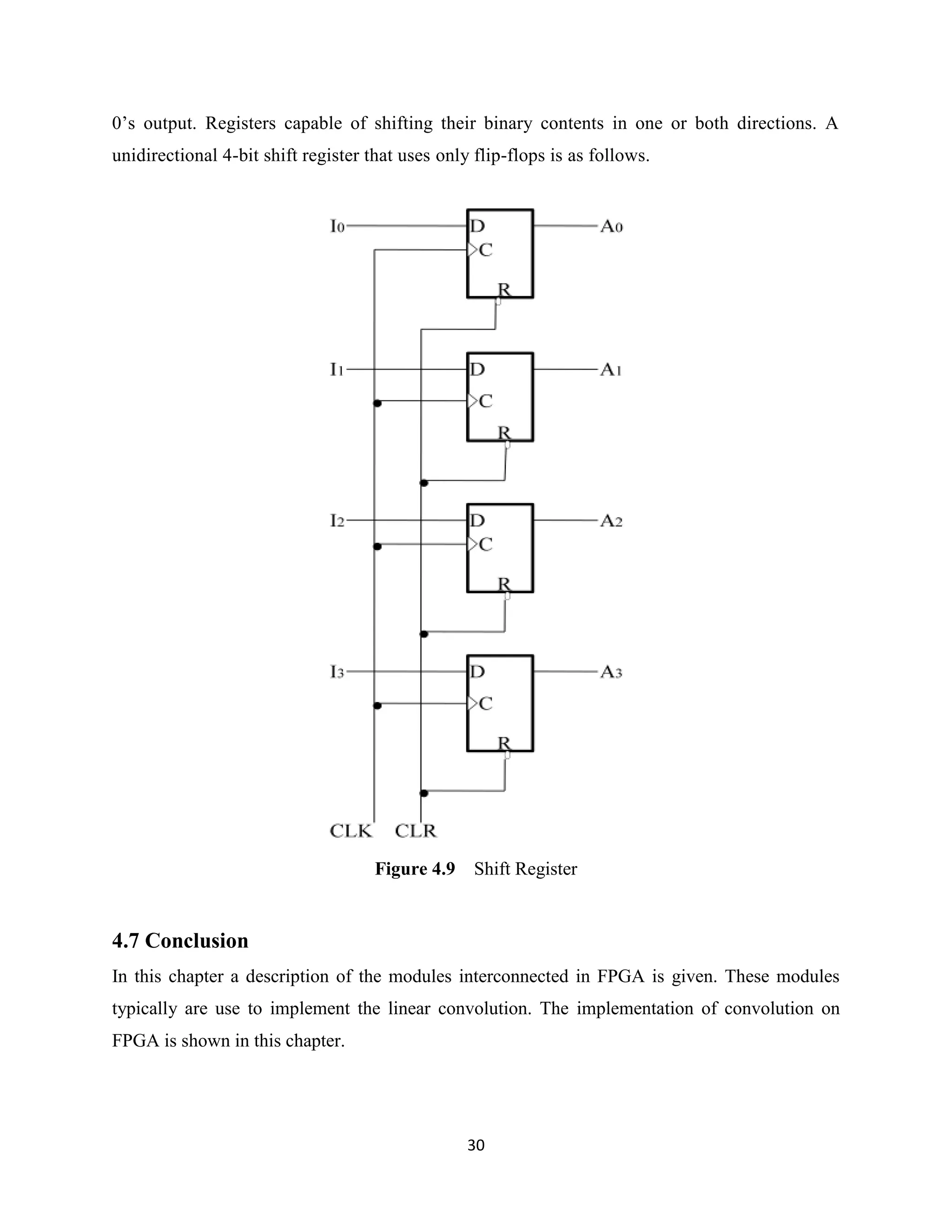 0’s output. Registers capable of shifting their binary contents in one or both directions. A
unidirectional 4-bit shift register that uses only flip-flops is as follows.




                                     Figure 4.9    Shift Register


4.7 Conclusion
In this chapter a description of the modules interconnected in FPGA is given. These modules
typically are use to implement the linear convolution. The implementation of convolution on
FPGA is shown in this chapter.




                                                  30
 