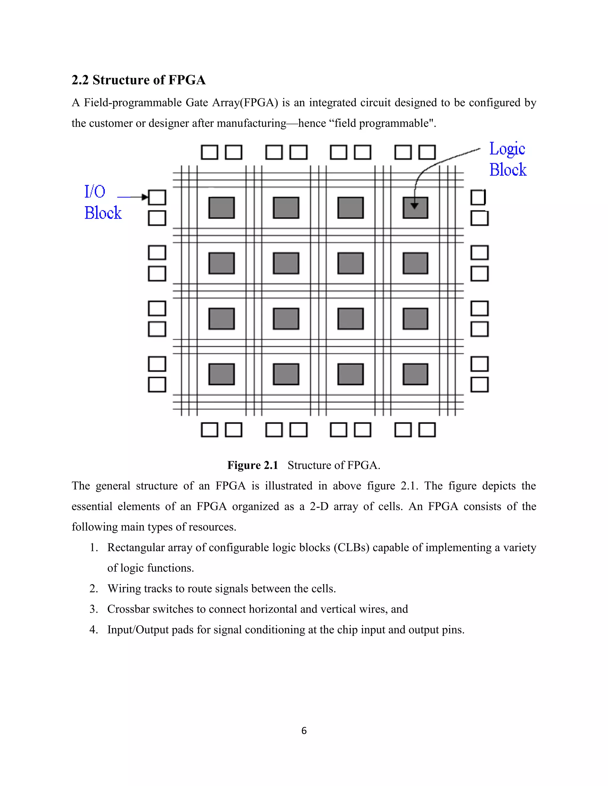 2.2 Structure of FPGA
A Field-programmable Gate Array(FPGA) is an integrated circuit designed to be configured by
the customer or designer after manufacturing—hence “field programmable".




                                Figure 2.1 Structure of FPGA.
The general structure of an FPGA is illustrated in above figure 2.1. The figure depicts the
essential elements of an FPGA organized as a 2-D array of cells. An FPGA consists of the
following main types of resources.
   1. Rectangular array of configurable logic blocks (CLBs) capable of implementing a variety
       of logic functions.
   2. Wiring tracks to route signals between the cells.
   3. Crossbar switches to connect horizontal and vertical wires, and
   4. Input/Output pads for signal conditioning at the chip input and output pins.




                                               6
 