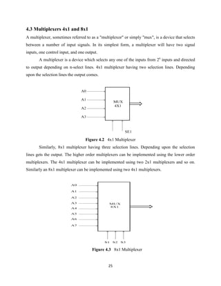 4.3 Multiplexers 4x1 and 8x1
A multiplexer, sometimes referred to as a "multiplexor" or simply "mux", is a device that selects
between a number of input signals. In its simplest form, a multiplexer will have two signal
inputs, one control input, and one output.
       A multiplexer is a device which selects any one of the inputs from 2n inputs and directed
to output depending on n-select lines. 4x1 multiplexer having two selection lines. Depending
upon the selection lines the output comes.




                                  Figure 4.2 4x1 Multiplexer
       Similarly, 8x1 multiplexer having three selection lines. Depending upon the selection
lines gets the output. The higher order multiplexers can be implemented using the lower order
multiplexers. The 4x1 multiplexer can be implemented using two 2x1 multiplexers and so on.
Similarly an 8x1 multiplexer can be implemented using two 4x1 multiplexers.




                                      Figure 4.3 8x1 Multiplexer


                                               25
 