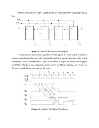 Perhaps, illuminate four LEDs (Light Emitting Diodes) with the four outputs (QA QB QC
QD ).




                         Figure 4.5 Serial-in/ Parallel-out Shift Register
        The above details of the serial-in/parallel-out shift register are fairly simple. It looks like
a serial-in/ serial-out shift register with taps added to each stage output. Serial data shifts in at SI
(Serial Input). After a number of clocks equal to the number of stages, the first data bit in appears
at SO (QD) in the above figure. In general, there is no SO pin. The last stage (QD above) serves as
SO and is cascaded to the next package if it exists.




                           Figure 4.6 Serial-in/ Parallel-out Waveforms




                                                  27
 