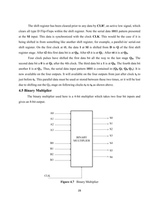 The shift register has been cleared prior to any data by CLR', an active low signal, which
clears all type D Flip-Flops within the shift register. Note the serial data 1011 pattern presented
at the SI input. This data is synchronized with the clock CLK. This would be the case if it is
being shifted in from something like another shift register, for example, a parallel-in/ serial-out
shift register. On the first clock at t1, the data 1 at SI is shifted from D to Q of the first shift
register stage. After t2 this first data bit is at QB. After t3 it is at QC. After t4 it is at QD.
        Four clock pulses have shifted the first data bit all the way to the last stage QD. The
second data bit a 0 is at QC after the 4th clock. The third data bit a 1 is at QB. The fourth data bit
another 1 is at QA. Thus, the serial data input pattern 1011 is contained in (QD QC QB QA). It is
now available on the four outputs. It will available on the four outputs from just after clock t4 to
just before t5. This parallel data must be used or stored between these two times, or it will be lost
due to shifting out the QD stage on following clocks t5 to t8 as shown above.
4.5 Binary Multiplier
       The binary multiplier used here is a 4-bit multiplier which takes two four bit inputs and
gives an 8-bit output.




                                     Figure 4.7 Binary Multiplier

                                                     28
 
