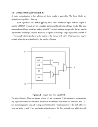 2.2.1 Configurable Logic Blocks (CLBs)
A major consideration in the selection of logic blocks is generality. The logic blocks are
generally arranged in a 2-D array.
       Each logic block in a FPGA typically has a small number of inputs and one output. A
number of FPGA products are on a market, featuring different types of logic blocks. The most
commonly used logic block is a lookup table(LUT), which contains storage cells that are used to
implement a small logic function. Each cell is capable of holding a single logic value, either 0 or
1. The stored value is produced as the output of the storage cell. LUTs of various sizes may be
created, where the size is defined by the number of inputs.




                            Figure 2.2   Circuit for a Two-input LUT.
The above figure 2.2 has two inputs, x1 and x2, and one output f. It is capable of implementing
any logic function of two variables. Because a two-variable truth table has four rows, this LUT
has four storage cells. One cell corresponds to the output value in each row of the truth table. The
input variables x1 and x2 are used as the select inputs of the three multiplexers, which depends




                                                 7
 