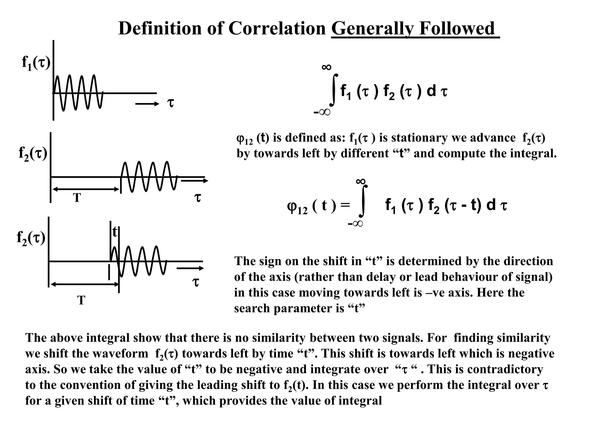 
f1()

f2()
T
∫-∞
∞
f1 ( ) f2 ( ) d 
Definition of Correlation Generally Followed
The above integral show that there is no similarity between two signals. For finding similarity
we shift the waveform f2() towards left by time “t”. This shift is towards left which is negative
axis. So we take the value of “t” to be negative and integrate over “ “ . This is contradictory
to the convention of giving the leading shift to f2(t). In this case we perform the integral over 
for a given shift of time “t”, which provides the value of integral
∫-∞
∞
f1 ( ) f2 ( - t) d 12 ( t ) =
12 (t) is defined as: f1() is stationary we advance f2()
by towards left by different “t” and compute the integral.

f2()
T
t
The sign on the shift in “t” is determined by the direction
of the axis (rather than delay or lead behaviour of signal)
in this case moving towards left is –ve axis. Here the
search parameter is “t”
 
