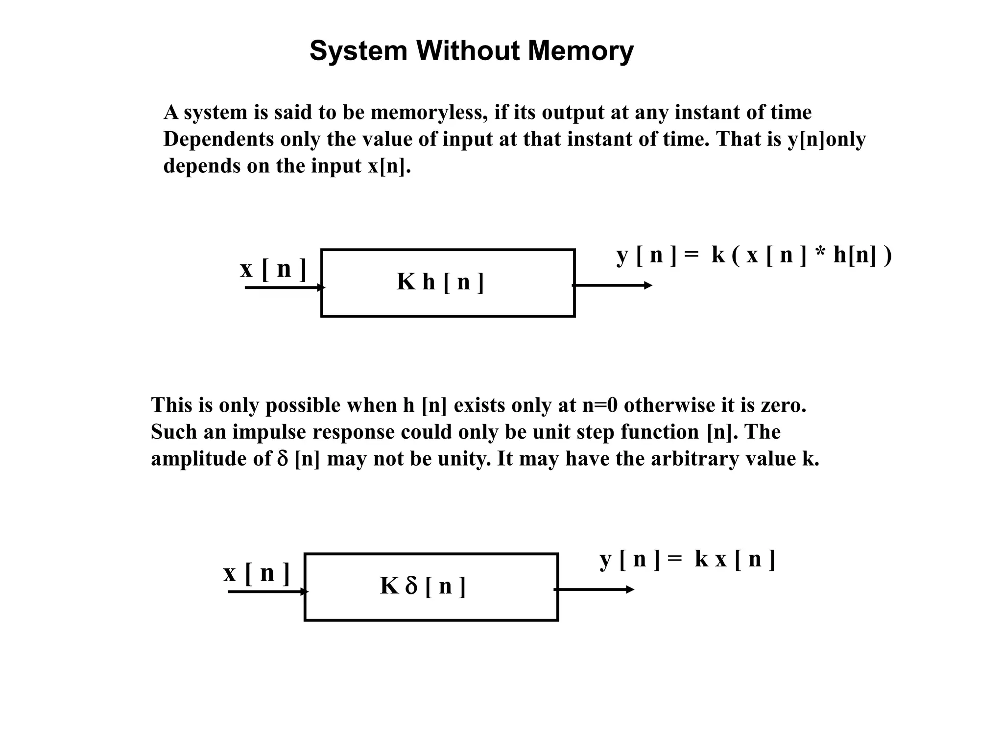 System Without Memory
A system is said to be memoryless, if its output at any instant of time
Dependents only the value of input at that instant of time. That is y[n]only
depends on the input x[n].
This is only possible when h [n] exists only at n=0 otherwise it is zero.
Such an impulse response could only be unit step function [n]. The
amplitude of  [n] may not be unity. It may have the arbitrary value k.
x [ n ] K  [ n ]
y [ n ] = k x [ n ]
x [ n ] K h [ n ]
y [ n ] = k ( x [ n ] * h[n] )
 