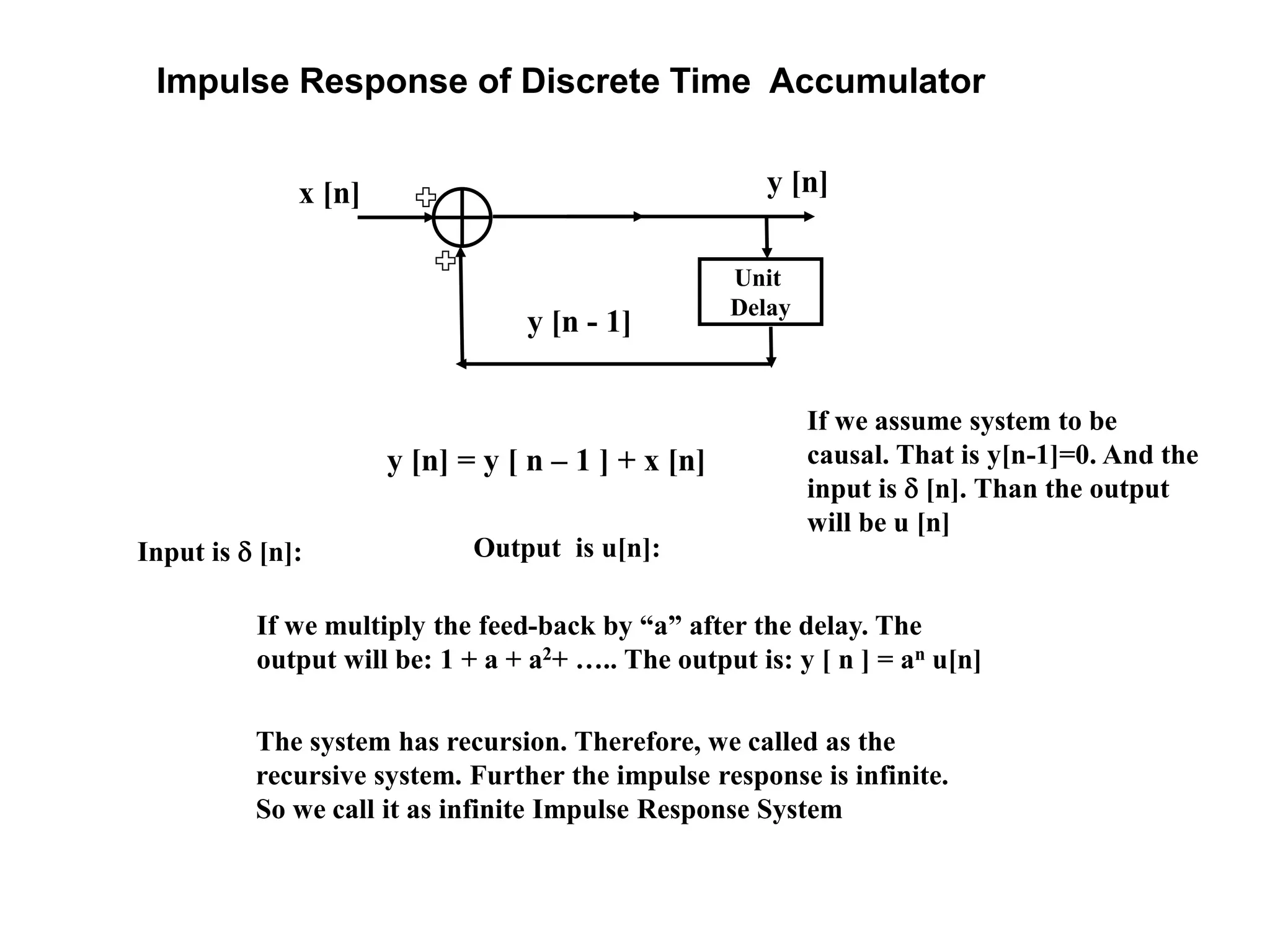 Impulse Response of Discrete Time Accumulator
Unit
Delay
x [n] y [n]
y [n - 1]
If we assume system to be
causal. That is y[n-1]=0. And the
input is  [n]. Than the output
will be u [n]
y [n] = y [ n – 1 ] + x [n]
Input is  [n]: Output is u[n]:
If we multiply the feed-back by “a” after the delay. The
output will be: 1 + a + a2+ ….. The output is: y [ n ] = an u[n]
The system has recursion. Therefore, we called as the
recursive system. Further the impulse response is infinite.
So we call it as infinite Impulse Response System
 