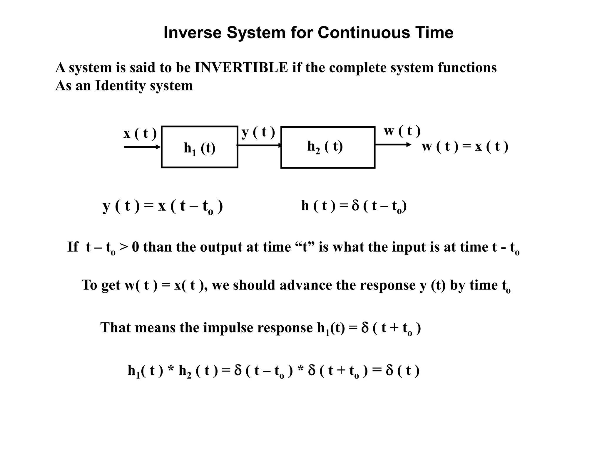 Inverse System for Continuous Time
A system is said to be INVERTIBLE if the complete system functions
As an Identity system
h1 (t)
x ( t ) y ( t ) w ( t )
w ( t ) = x ( t )h2 ( t)
y ( t ) = x ( t – to ) h ( t ) =  ( t – to)
If t – to > 0 than the output at time “t” is what the input is at time t - to
To get w( t ) = x( t ), we should advance the response y (t) by time to
That means the impulse response h1(t) =  ( t + to )
h1( t ) * h2 ( t ) =  ( t – to ) *  ( t + to ) =  ( t )
 
