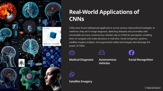 Real-World Applications of
CNNs
CNNs have found widespread applications across various real-world technologies. In
medicine, they aid in image diagnosis, detecting diseases and anomalies with
remarkable accuracy. Autonomous vehicles rely on CNNs for perception, enabling
them to navigate and make decisions in real-time. Facial recognition systems,
satellite imagery analysis, and augmented reality technologies also leverage the
power of CNNs.
Medical Diagnosis Autonomous
Vehicles
Facial Recognition
Satellite Imagery
 