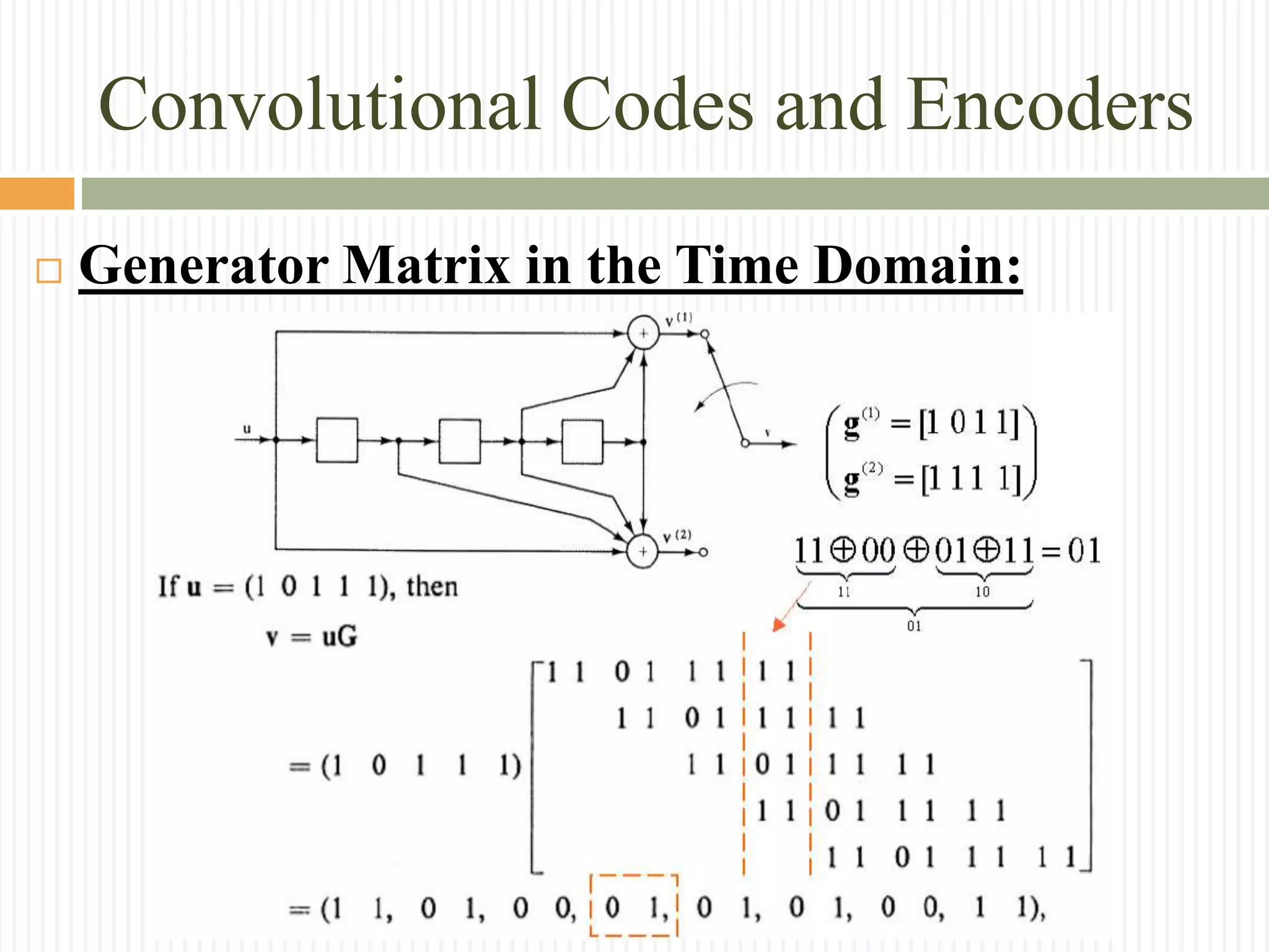 Convolutional Codes and Encoders
 Generator Matrix in the Time Domain:
 