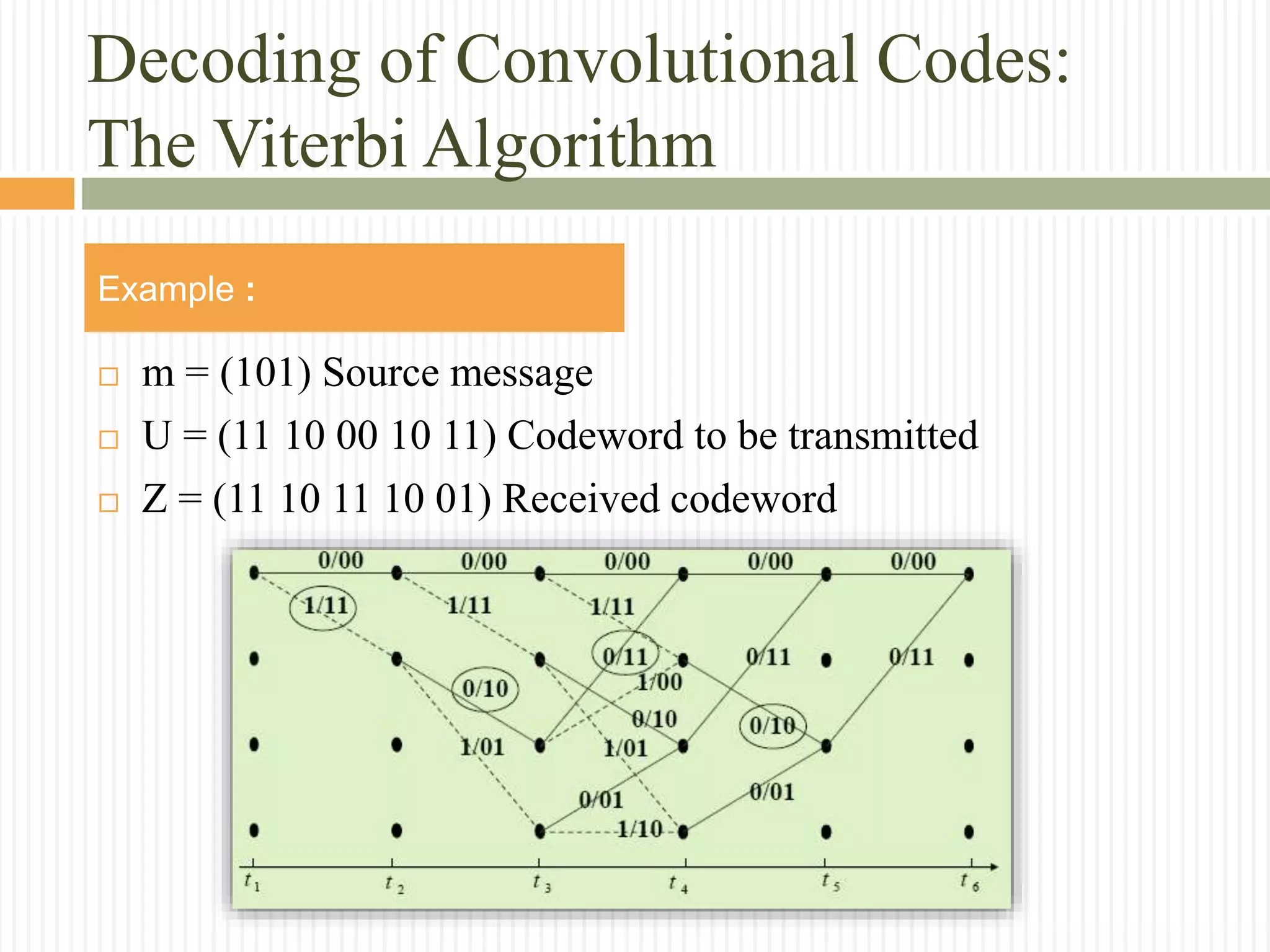 Decoding of Convolutional Codes:
The Viterbi Algorithm
Example :
 m = (101) Source message
 U = (11 10 00 10 11) Codeword to be transmitted
 Z = (11 10 11 10 01) Received codeword
 