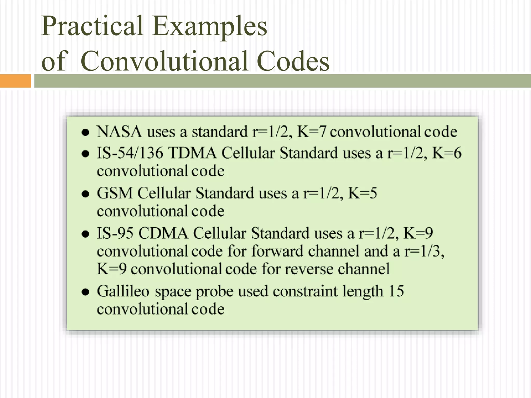 Practical Examples
of Convolutional Codes
 