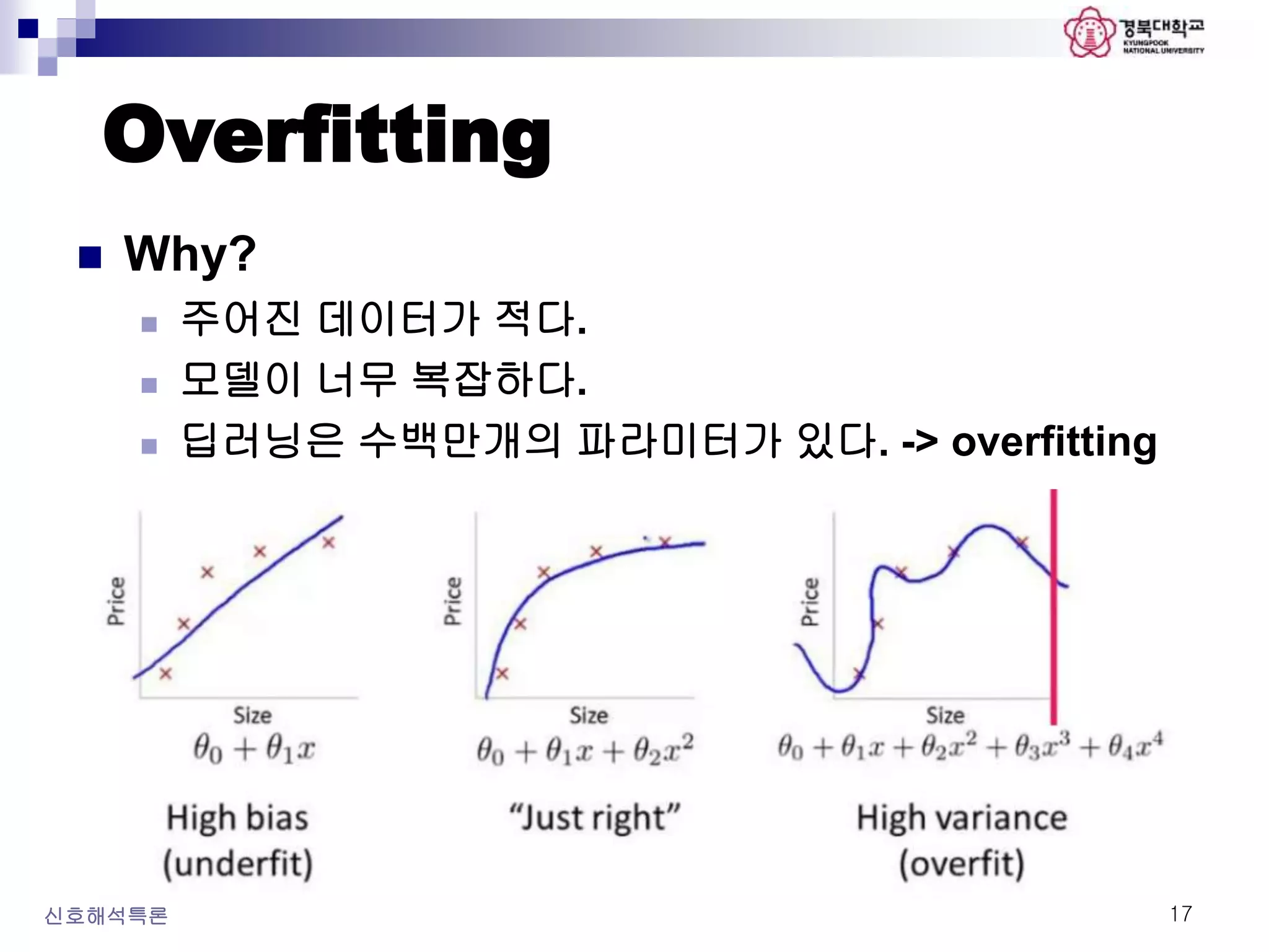 Overfitting
신호해석특론 17
 Why?
 주어진 데이터가 적다.
 모델이 너무 복잡하다.
 딥러닝은 수백만개의 파라미터가 있다. -> overfitting
 