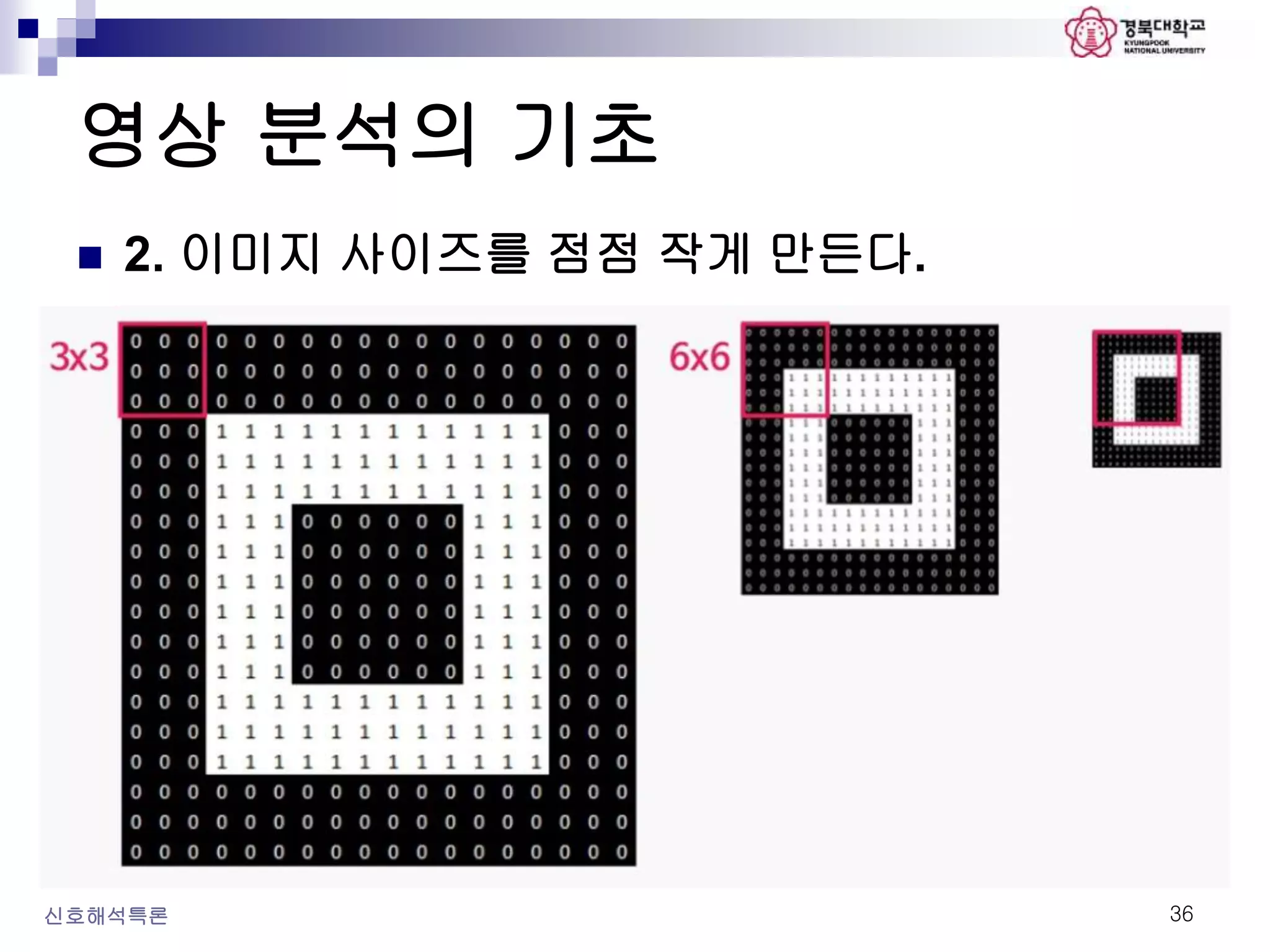 영상 분석의 기초
신호해석특론 36
 2. 이미지 사이즈를 점점 작게 만든다.
 