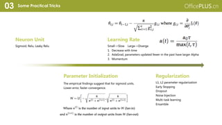 Some Practical Tricks03
Sigmoid, Relu, Leaky Relu
Neuron Unit
The empirical findings suggest that for sigmoid units.
Lower error, faster convergence.
Parameter Initialization
Small->Slow Large->Diverge
1. Decrease with time
2. AdaGrad, parameters updated fewer in the past have larger Alpha
3. Momentum
Learning Rate
L1, L2 parameter regularization
Early Stopping
Dropout
Noise Injection
Multi-task learning
Ensamble
Regularization
(Regularization and Bayesian
Uncertainty)
 
