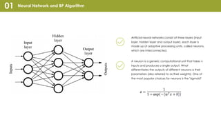 Neural Network and BP Algorithm01
Artificial neural networks consist of three layers (input
layer, hidden layer and output layer), each layer is
made up of adaptive processing units, called neurons,
which are interconnected.
A neuron is a generic computational unit that takes n
inputs and produces a single output. What
differentiates the outputs of different neurons is their
parameters (also referred to as their weights). One of
the most popular choices for neurons is the "sigmoid"
 