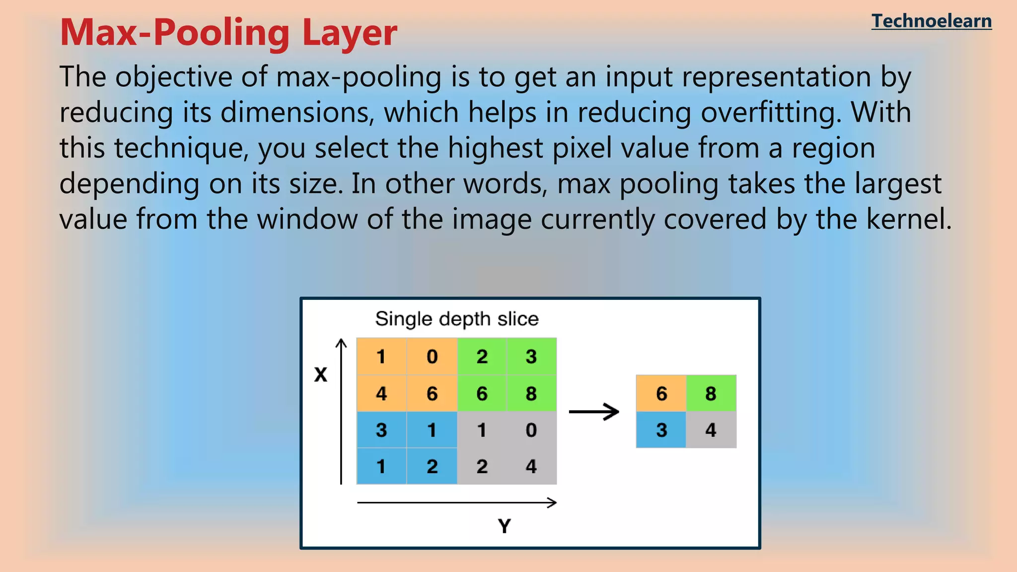 The objective of max-pooling is to get an input representation by
reducing its dimensions, which helps in reducing overfitting. With
this technique, you select the highest pixel value from a region
depending on its size. In other words, max pooling takes the largest
value from the window of the image currently covered by the kernel.
Max-Pooling Layer Technoelearn
 
