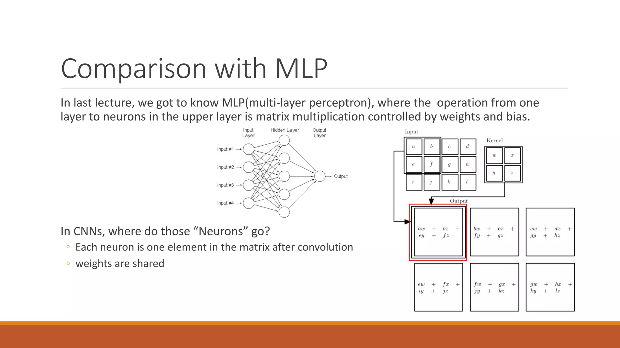 Comparison with MLP
In last lecture, we got to know MLP(multi-layer perceptron), where the operation from one
layer to neurons in the upper layer is matrix multiplication controlled by weights and bias.
In CNNs, where do those “Neurons” go?
◦ Each neuron is one element in the matrix after convolution
◦ weights are shared
 
