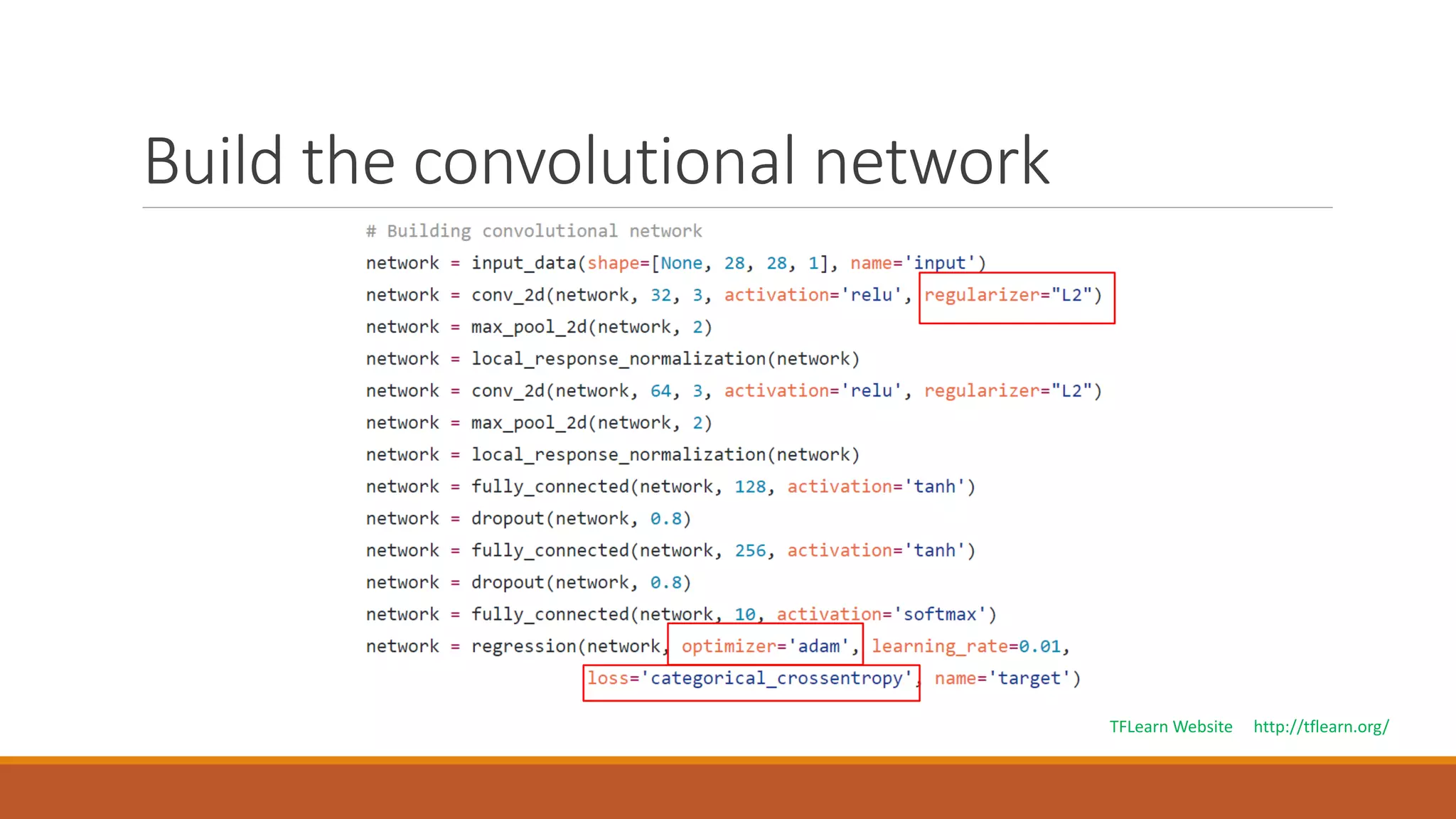 Build the convolutional network
TFLearn Website http://tflearn.org/
 