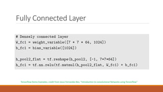 Fully Connected Layer
Tensorflow Demo Examples, credit from Jesus Fernandez Bes, “Introduction to convolutional Networks using Tensorflow”
 