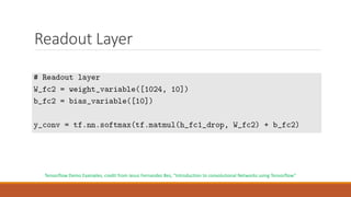 Readout Layer
Tensorflow Demo Examples, credit from Jesus Fernandez Bes, “Introduction to convolutional Networks using Tensorflow”
 