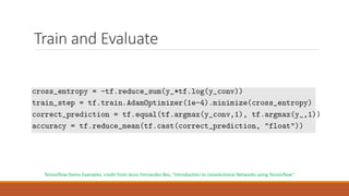Train and Evaluate
Tensorflow Demo Examples, credit from Jesus Fernandez Bes, “Introduction to convolutional Networks using Tensorflow”
 