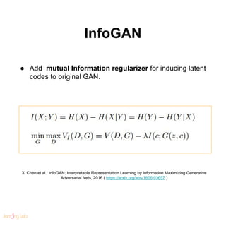 InfoGAN
Xi Chen et al. InfoGAN: Interpretable Representation Learning by Information Maximizing Generative
Adversarial Net...