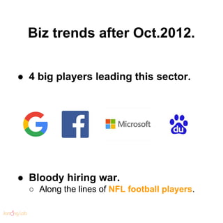 Biz trends after Oct.2012.
● 4 big players leading this sector.
● Bloody hiring war.
○ Along the lines of NFL football pla...