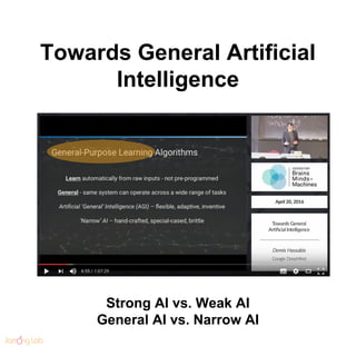 Towards General Artificial
Intelligence
Strong AI vs. Weak AI
General AI vs. Narrow AI
 