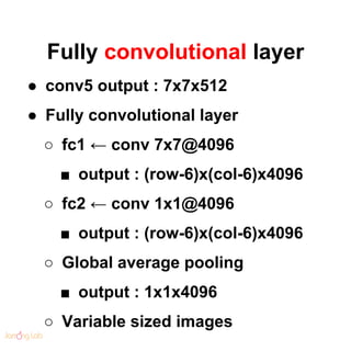 Fully convolutional layer
● conv5 output : 7x7x512
● Fully convolutional layer
○ fc1 ← conv 7x7@4096
■ output : (row-6)x(c...
