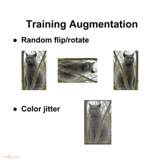 Training Augmentation
● Random flip/rotate
● Color jitter
 