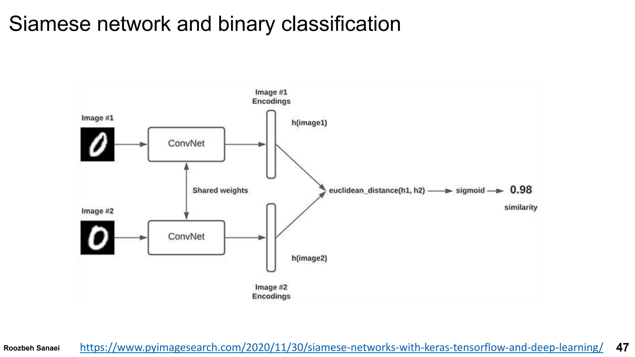 Roozbeh Sanaei 47
47
Roozbeh Sanaei
Siamese network and binary classification
https://www.pyimagesearch.com/2020/11/30/siamese-networks-with-keras-tensorflow-and-deep-learning/
 