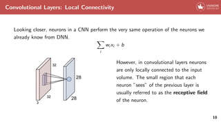 Convolutional Layers: Local Connectivity
Looking closer, neurons in a CNN perform the very same operation of the neurons we
already know from DNN. X
i
wi xi + b
However, in convolutional layers neurons
are only locally connected to the input
volume. The small region that each
neuron ”sees” of the previous layer is
usually referred to as the receptive field
of the neuron.
10
 