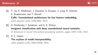References iii
[5] Y. Jia, E. Shelhamer, J. Donahue, S. Karayev, J. Long, R. Girshick,
S. Guadarrama, and T. Darrell.
Caffe: Convolutional architecture for fast feature embedding.
arXiv preprint arXiv:1408.5093, 2014.
[6] A. Krizhevsky, I. Sutskever, and G. E. Hinton.
Imagenet classification with deep convolutional neural networks.
In Advances in neural information processing systems, pages 1097–1105, 2012.
[7] Z. C. Lipton.
The mythos of model interpretability.
arXiv preprint arXiv:1606.03490, 2016.
42
 