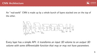 CNN Architecture
An ”real-world” CNN is made up by a whole bunch of layers stacked one on the top of
the other.
Every layer has a simple API: it transforms an input 3D volume to an output 3D
volume with some differentiable function that may or may not have parameters.
5
 