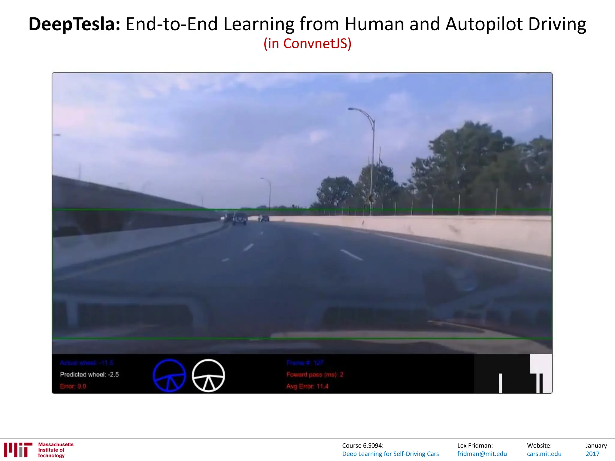 Lex Fridman:
fridman@mit.edu
Website:
cars.mit.edu
January
2017
Course 6.S094:
Deep Learning for Self-Driving Cars
DeepTesla: End-to-End Learning from Human and Autopilot Driving
(in ConvnetJS)
 