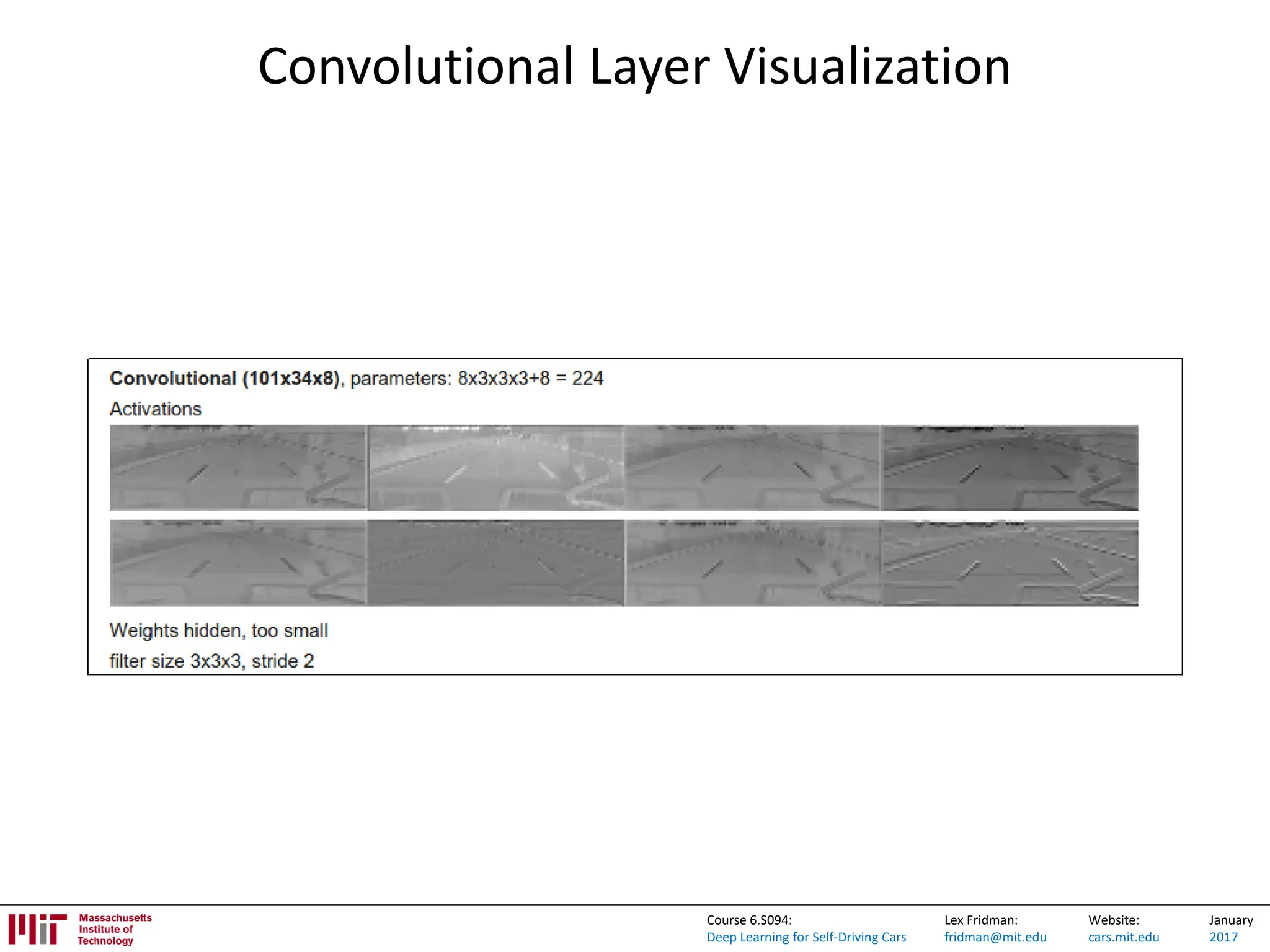 Lex Fridman:
fridman@mit.edu
Website:
cars.mit.edu
January
2017
Course 6.S094:
Deep Learning for Self-Driving Cars
Convolutional Layer Visualization
 