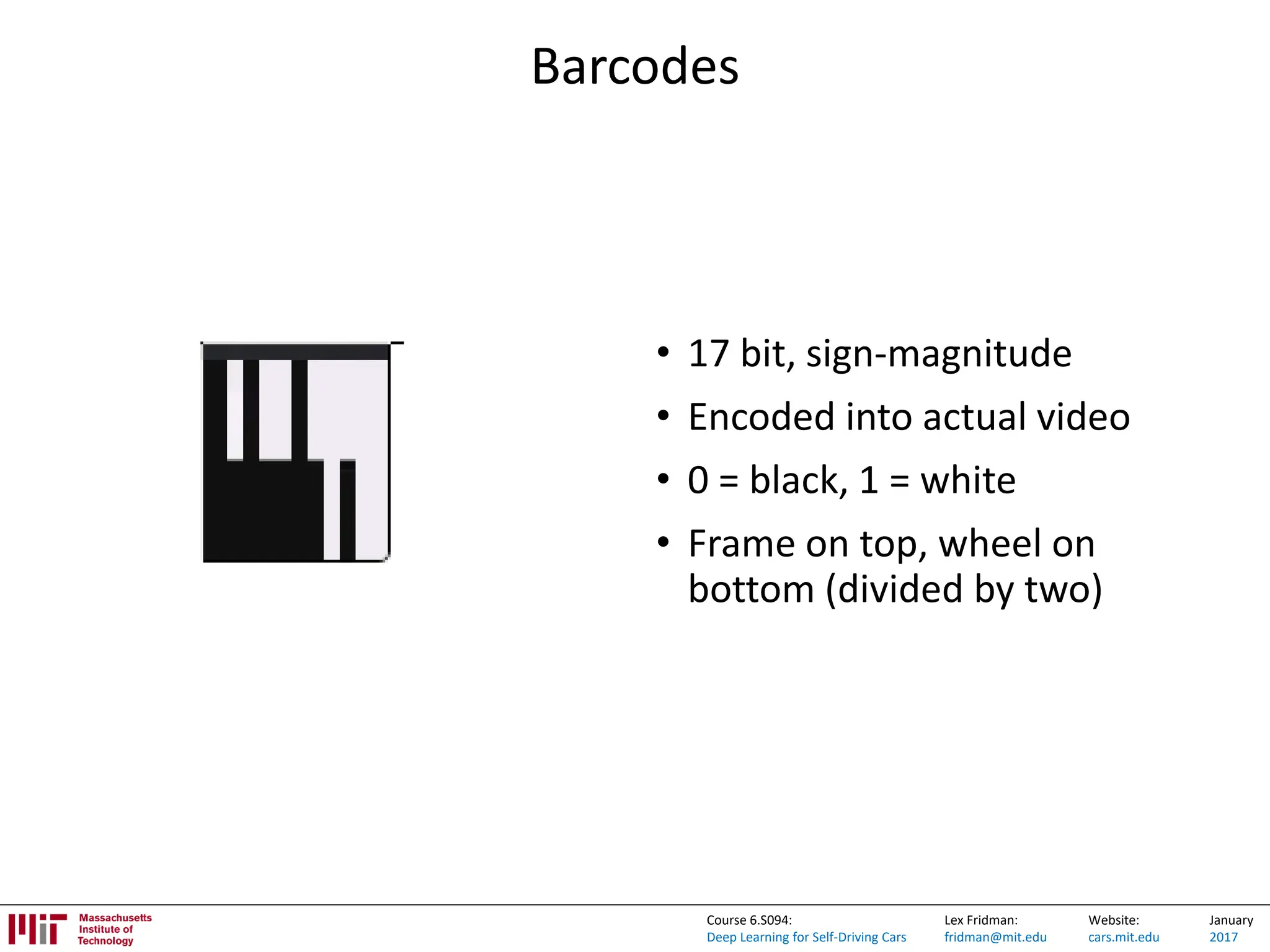 Lex Fridman:
fridman@mit.edu
Website:
cars.mit.edu
January
2017
Course 6.S094:
Deep Learning for Self-Driving Cars
Barcodes
• 17 bit, sign-magnitude
• Encoded into actual video
• 0 = black, 1 = white
• Frame on top, wheel on
bottom (divided by two)
 