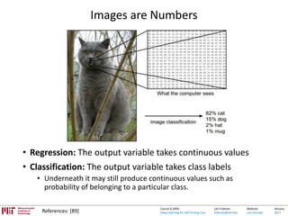 Lex Fridman:
fridman@mit.edu
Website:
cars.mit.edu
January
2017
Course 6.S094:
Deep Learning for Self-Driving Cars
Images are Numbers
References: [89]
• Regression: The output variable takes continuous values
• Classification: The output variable takes class labels
• Underneath it may still produce continuous values such as
probability of belonging to a particular class.
 