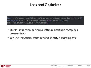 Lex Fridman:
fridman@mit.edu
Website:
cars.mit.edu
January
2017
Course 6.S094:
Deep Learning for Self-Driving Cars
Loss and Optimizer
• Our loss function performs softmax and then computes
cross-entropy
• We use the AdamOptimizer and specify a learning rate
 