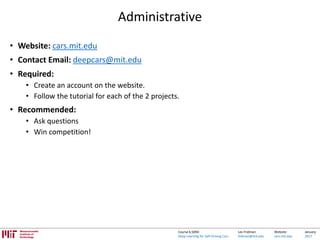 Lex Fridman:
fridman@mit.edu
Website:
cars.mit.edu
January
2017
Course 6.S094:
Deep Learning for Self-Driving Cars
Administrative
• Website: cars.mit.edu
• Contact Email: deepcars@mit.edu
• Required:
• Create an account on the website.
• Follow the tutorial for each of the 2 projects.
• Recommended:
• Ask questions
• Win competition!
 