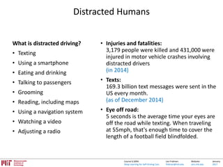 Lex Fridman:
fridman@mit.edu
Website:
cars.mit.edu
January
2017
Course 6.S094:
Deep Learning for Self-Driving Cars
Distracted Humans
• Injuries and fatalities:
3,179 people were killed and 431,000 were
injured in motor vehicle crashes involving
distracted drivers
(in 2014)
• Texts:
169.3 billion text messages were sent in the
US every month.
(as of December 2014)
• Eye off road:
5 seconds is the average time your eyes are
off the road while texting. When traveling
at 55mph, that's enough time to cover the
length of a football field blindfolded.
What is distracted driving?
• Texting
• Using a smartphone
• Eating and drinking
• Talking to passengers
• Grooming
• Reading, including maps
• Using a navigation system
• Watching a video
• Adjusting a radio
 