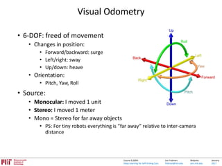 Lex Fridman:
fridman@mit.edu
Website:
cars.mit.edu
January
2017
Course 6.S094:
Deep Learning for Self-Driving Cars
Visual Odometry
• 6-DOF: freed of movement
• Changes in position:
• Forward/backward: surge
• Left/right: sway
• Up/down: heave
• Orientation:
• Pitch, Yaw, Roll
• Source:
• Monocular: I moved 1 unit
• Stereo: I moved 1 meter
• Mono = Stereo for far away objects
• PS: For tiny robots everything is “far away” relative to inter-camera
distance
 
