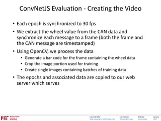 Lex Fridman:
fridman@mit.edu
Website:
cars.mit.edu
January
2017
Course 6.S094:
Deep Learning for Self-Driving Cars
ConvNetJS Evaluation - Creating the Video
• Each epoch is synchronized to 30 fps
• We extract the wheel value from the CAN data and
synchronize each message to a frame (both the frame and
the CAN message are timestamped)
• Using OpenCV, we process the data
• Generate a bar code for the frame containing the wheel data
• Crop the image portion used for training
• Create single images containing batches of training data
• The epochs and associated data are copied to our web
server which serves
 