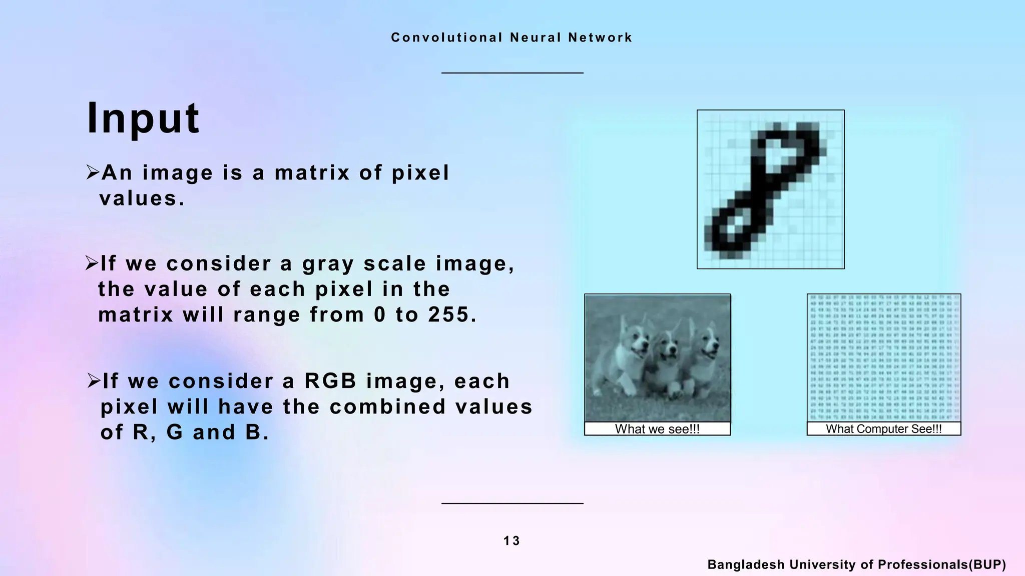 1 3
Bangladesh University of Professionals(BUP)
C o n v o l u t i o n a l N e u r a l N e t w o r k
Input
An image is a matrix of pixel
values.
If we consider a RGB image, each
pixel will have the combined values
of R, G and B.
If we consider a gray scale image,
the value of each pixel in the
matrix will range from 0 to 255.
What we see!!! What Computer See!!!
 