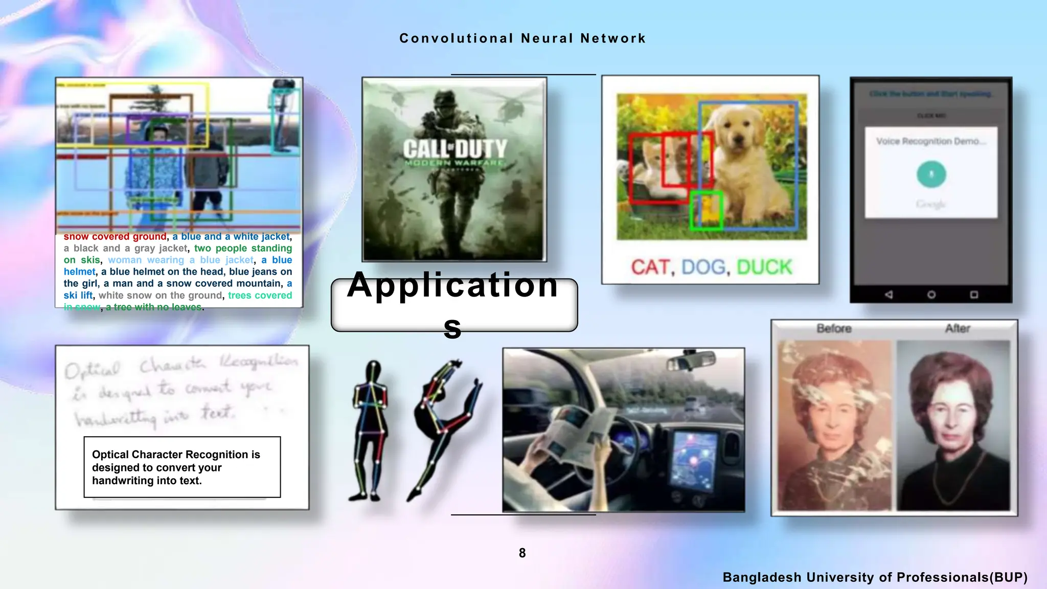 C o n v o l u t i o n a l N e u r a l N e t w o r k
8
snow covered ground, a blue and a white jacket,
a black and a gray jacket, two people standing
on skis, woman wearing a blue jacket, a blue
helmet, a blue helmet on the head, blue jeans on
the girl, a man and a snow covered mountain, a
ski lift, white snow on the ground, trees covered
in snow, a tree with no leaves.
Optical Character Recognition is
designed to convert your
handwriting into text.
Bangladesh University of Professionals(BUP)
Application
s
 