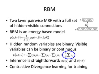 RBM
• Two layer pairwise MRF with a full set
of hidden-visible connections
• RBM Is an energy based model
• Hidden random ...