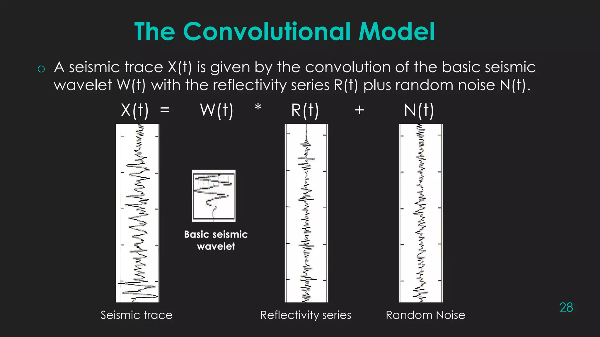 28
o A seismic trace X(t) is given by the convolution of the basic seismic
wavelet W(t) with the reflectivity series R(t) plus random noise N(t).
The Convolutional Model
X(t) = W(t) * R(t) + N(t)
Seismic trace Reflectivity series Random Noise
Basic seismic
wavelet
 