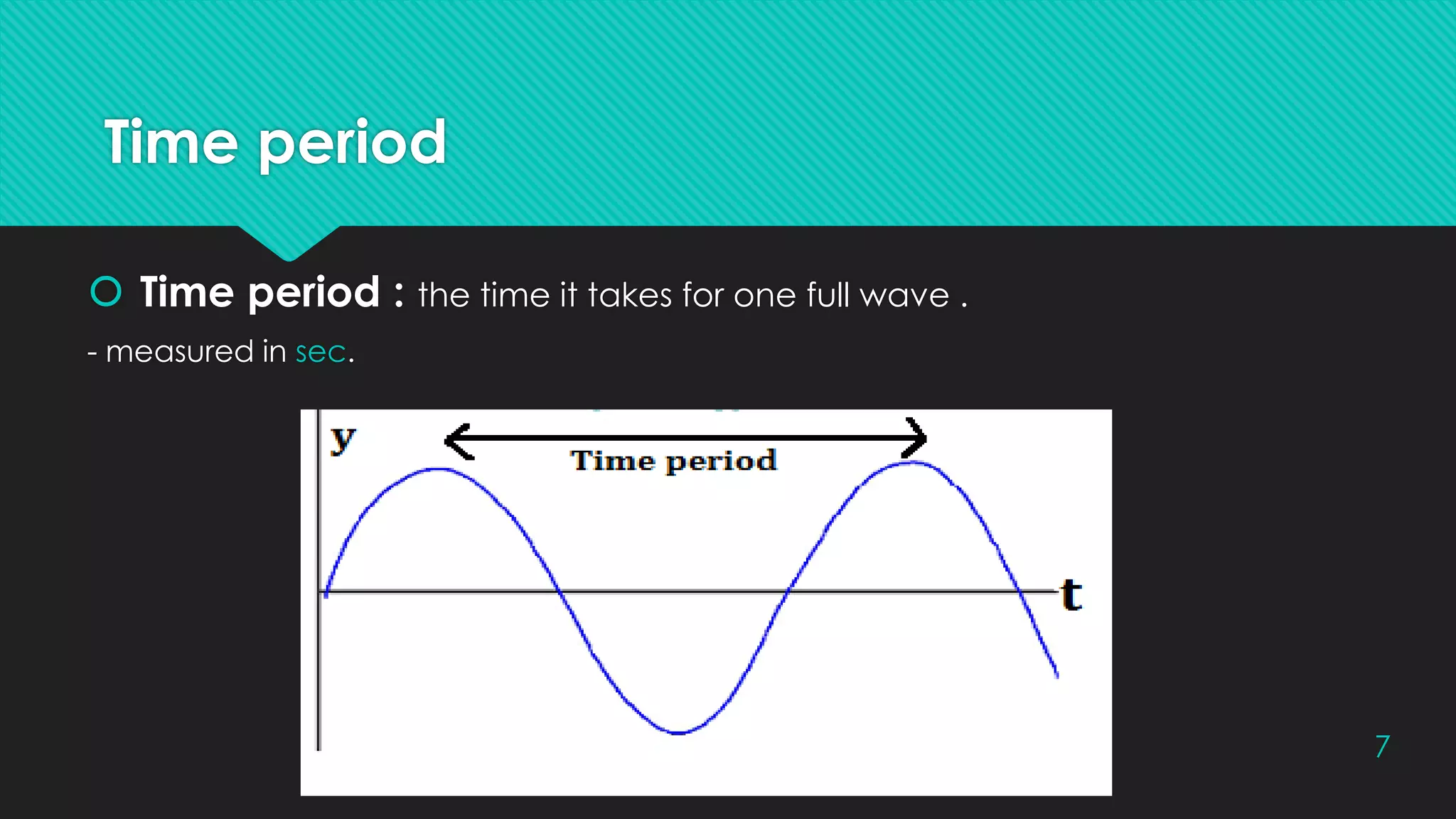 Time period
 Time period : the time it takes for one full wave .
- measured in sec.
7
 